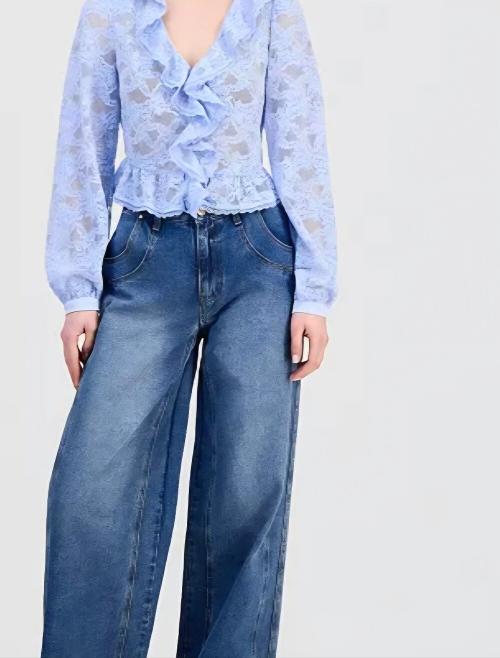 Sheer Lace Ruffle-Trim Blouse - Light Blue - Picture 10 of 11